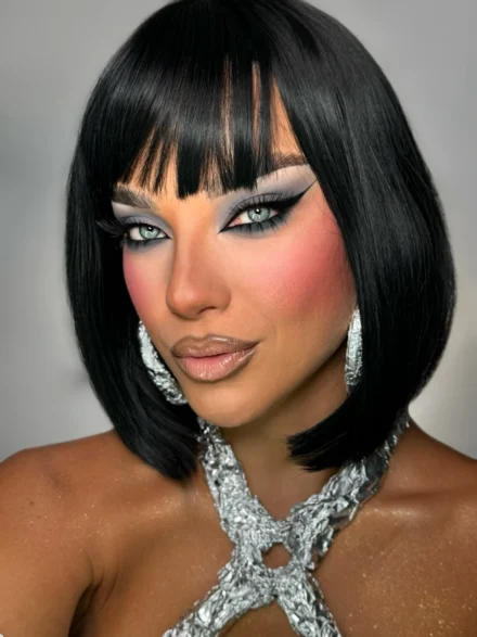 Dramatic blue -grey makeup with short dark wig by Anna Balantinou