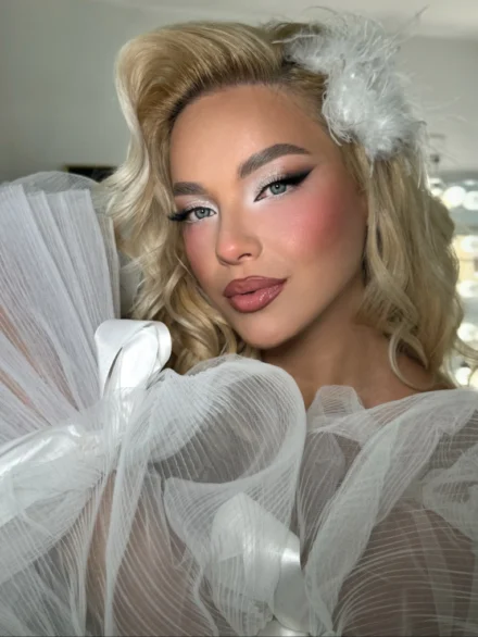 Soft glam makeup with nude lips and sheer white fabric by Anna Balantinou