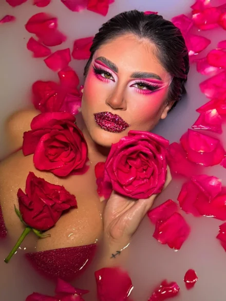 Dramatic pink makeup with roses and glitter details, by makeup artist Anna Balantinou