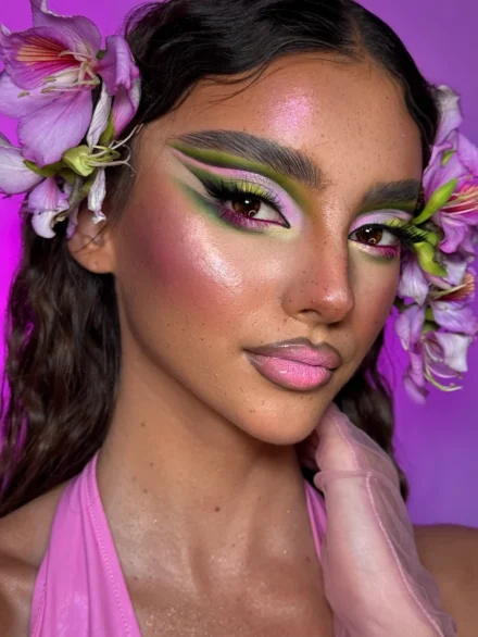 Ρομαντικό μακιγιάζ με πράσινες και ροζ σκιές ματιών, nude ροζ χείλη και floral λεπτομέρειες – Online Μαθήματα Μακιγιάζ & Beauty Courses από την Άννα Μπαλαντίνου